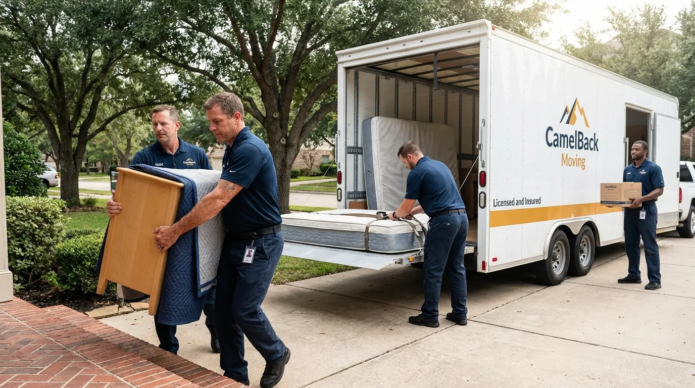 Crew loading residential truck for cross-state move from Paris, MO