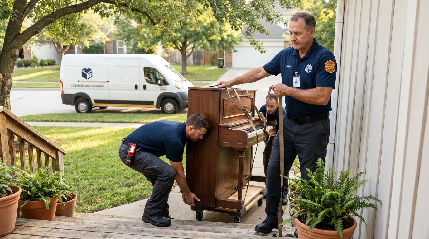 Licensed piano movers securing grand piano in Paris, MO
