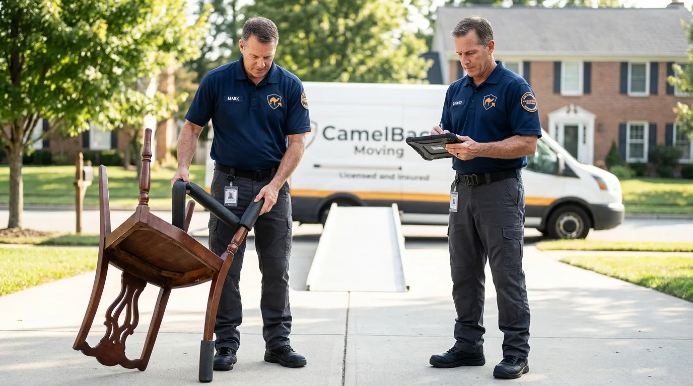 Movers inspecting furniture for damage prevention before loading in Paris, MO