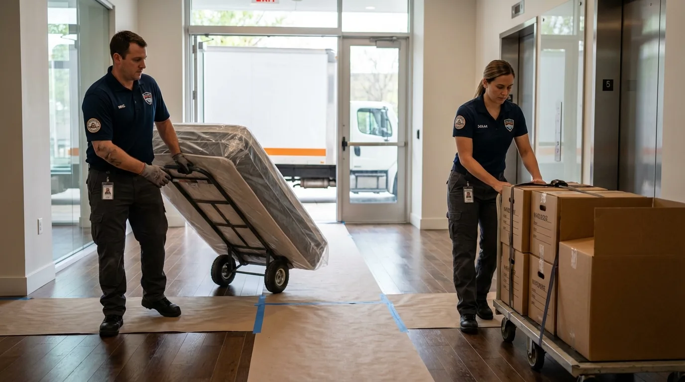 Professional apartment movers loading elevator in Paris, MO